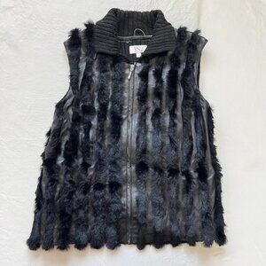VS2 leather vest black knit rabbit fur zip up womens Small striped wool